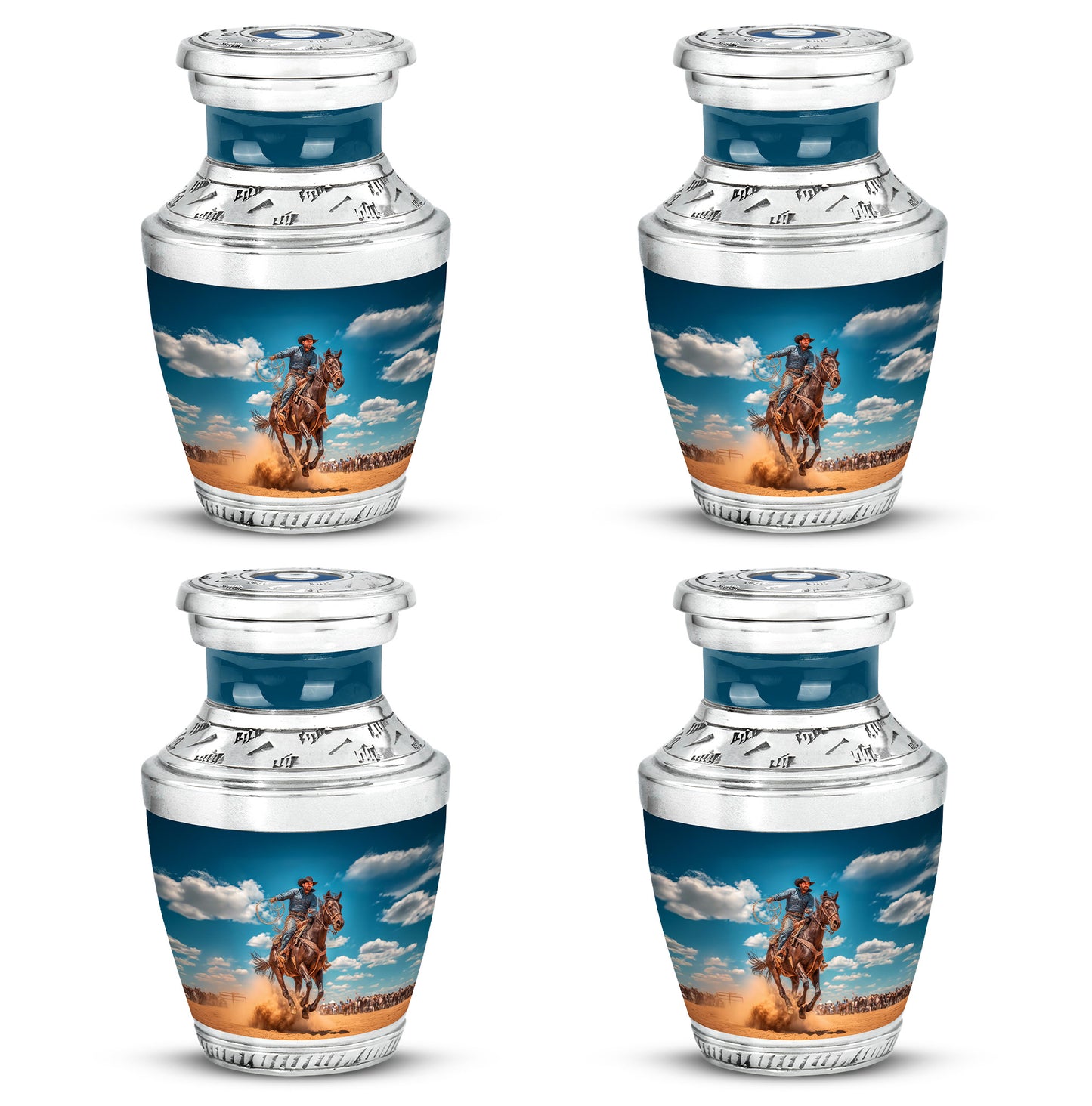 Calming Blue Cowboy Cremation Urn back view with polished surface - stylized abstract cowboy pattern with bold lines - 10 inch aluminum urn for cremated remains