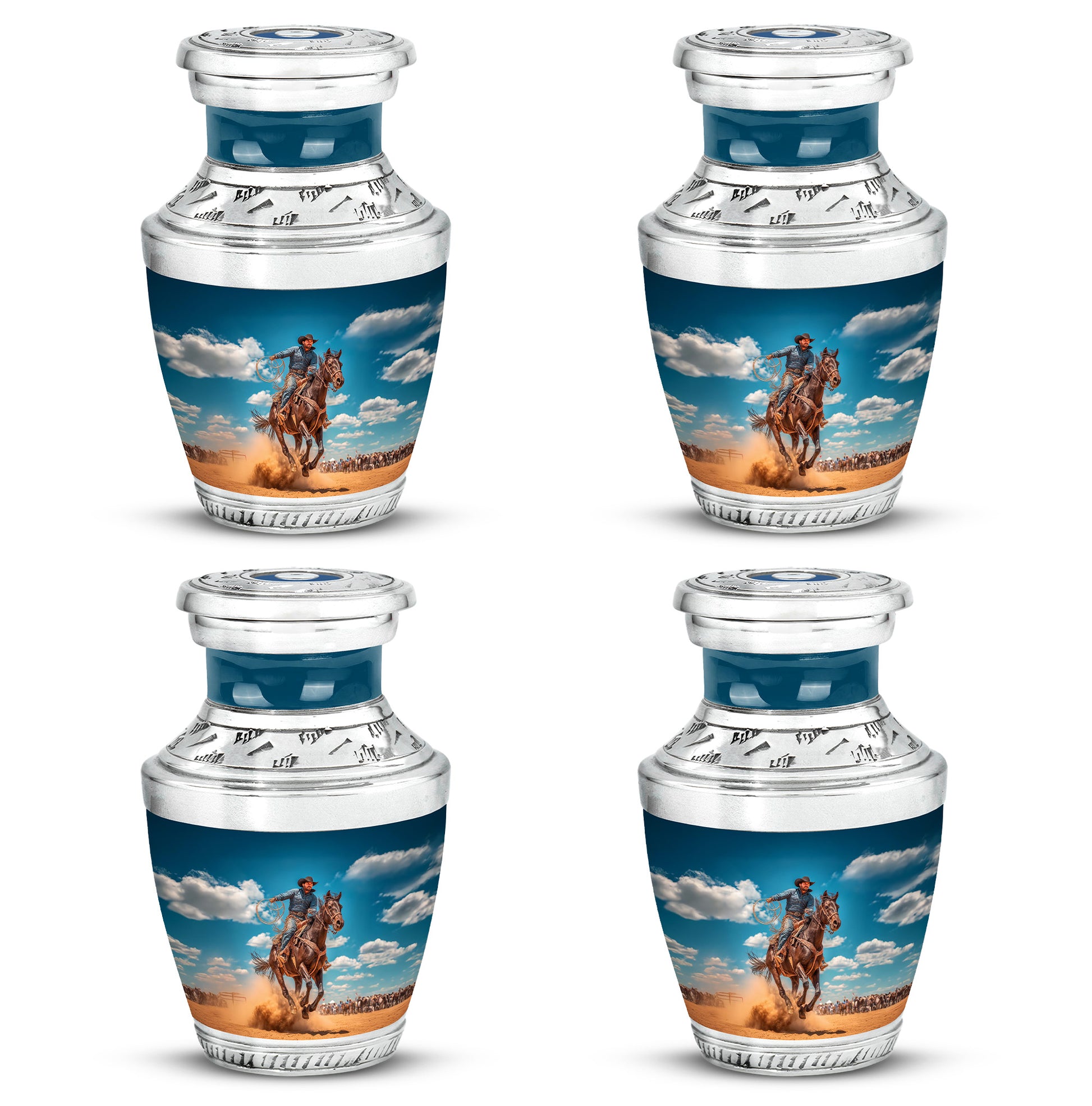 Calming Blue Cowboy Cremation Urn back view with polished surface - stylized abstract cowboy pattern with bold lines - 10 inch aluminum urn for cremated remains