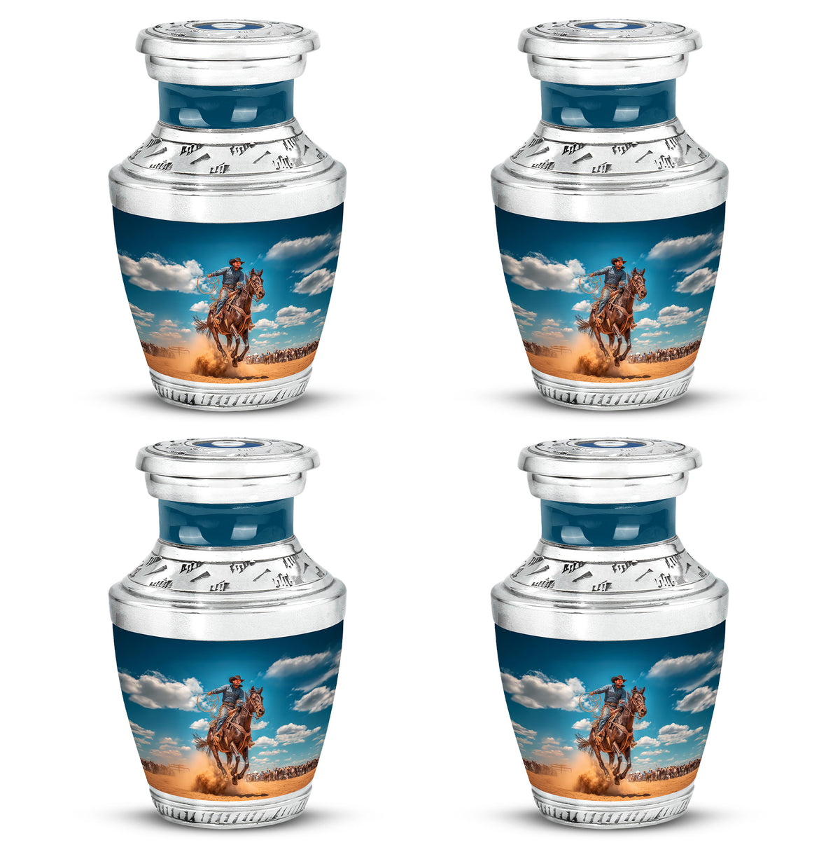 Calming Blue Cowboy Cremation Urn back view with polished surface - stylized abstract cowboy pattern with bold lines - 10 inch aluminum urn for cremated remains