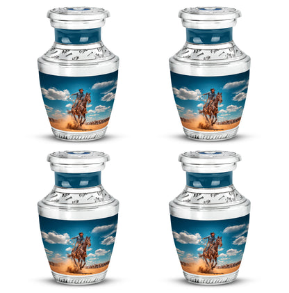 Calming Blue Cowboy Cremation Urn back view with polished surface - stylized abstract cowboy pattern with bold lines - 10 inch aluminum urn for cremated remains