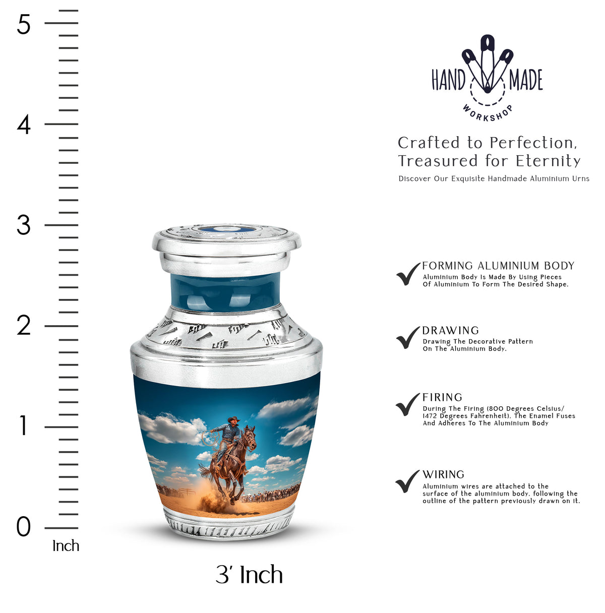 Calming Blue Cowboy Cremation Urn top-down view of secure threaded lid - artistic cowboy interpretation with creative detail - mini keepsake memorial for portion of cremation ashes