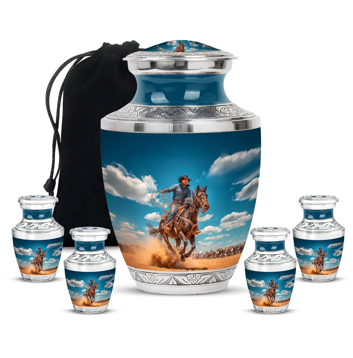 Misty Blue Cowboy Cremation Urn lifestyle display on memorial shelf - modern art-inspired cowboy motif on sleek aluminum - memorial set with one large and four small urns