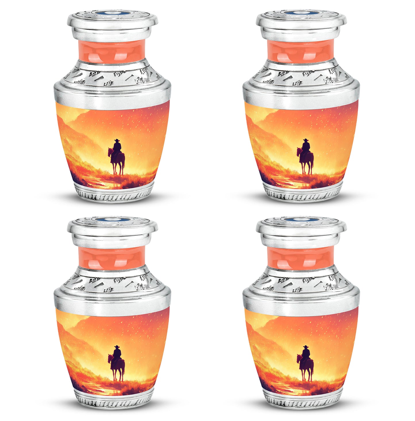 Royal Gold Cowboy Cremation Urn back view with polished surface - stylized abstract cowboy pattern with bold lines - 10 inch aluminum urn for cremated remains