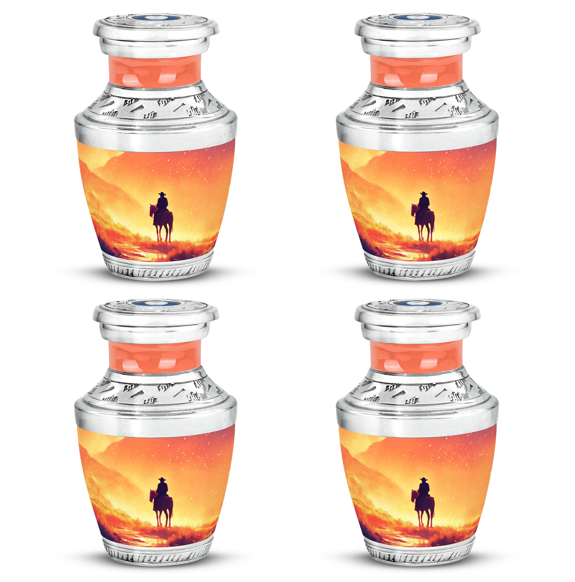 Royal Gold Cowboy Cremation Urn back view with polished surface - stylized abstract cowboy pattern with bold lines - 10 inch aluminum urn for cremated remains