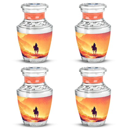 Royal Gold Cowboy Cremation Urn back view with polished surface - stylized abstract cowboy pattern with bold lines - 10 inch aluminum urn for cremated remains
