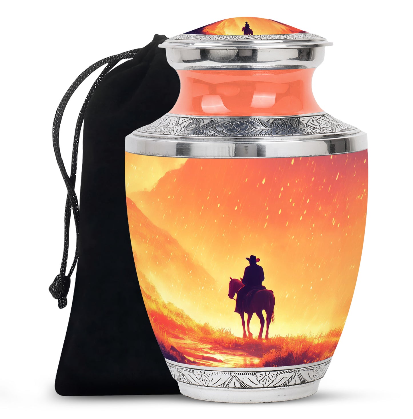 Sunrise Gold Cowboy Cremation Urn side profile showing urn shape - contemporary cowboy design with modern artistic flair - full-size 10 inch 200 cubic inch adult cremation urn