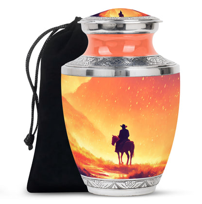 Sunrise Gold Cowboy Cremation Urn side profile showing urn shape - contemporary cowboy design with modern artistic flair - full-size 10 inch 200 cubic inch adult cremation urn