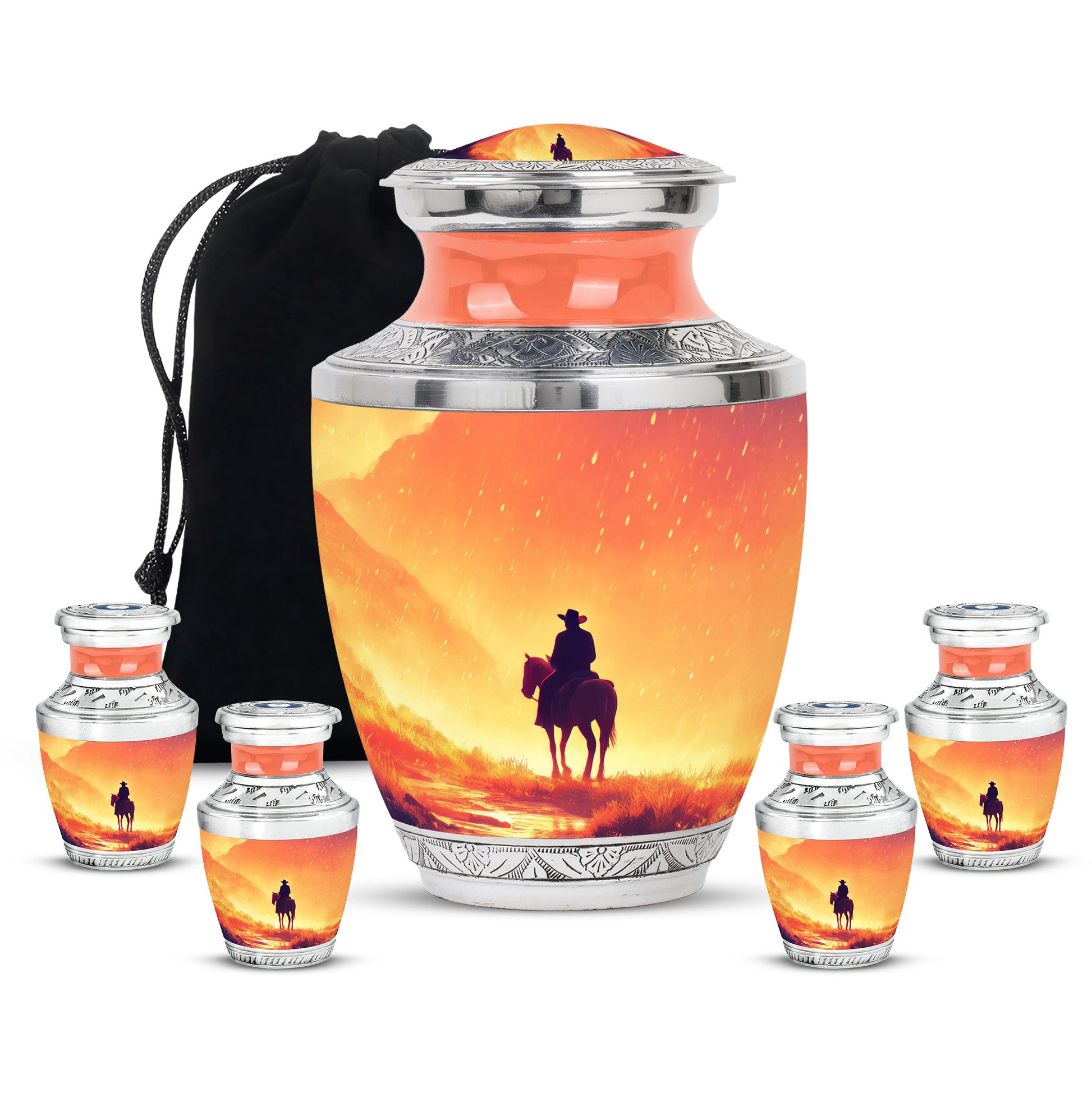 Royal Gold Cowboy Cremation Urn lifestyle display on memorial shelf - stylized abstract cowboy pattern with bold lines - memorial set with one large and four small urns