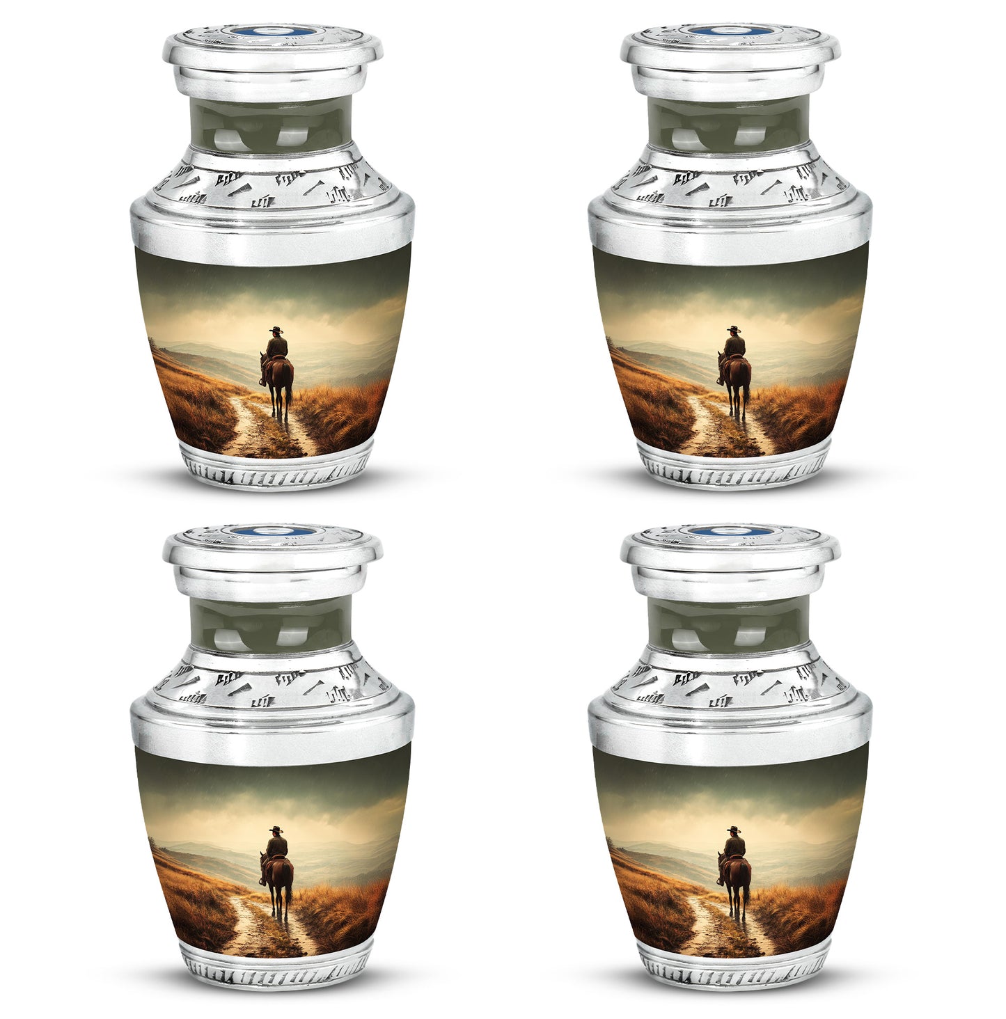 Honey Yellow Cowboy Cremation Urn back view with polished surface - stylized abstract cowboy pattern with bold lines - 10 inch aluminum urn for cremated remains