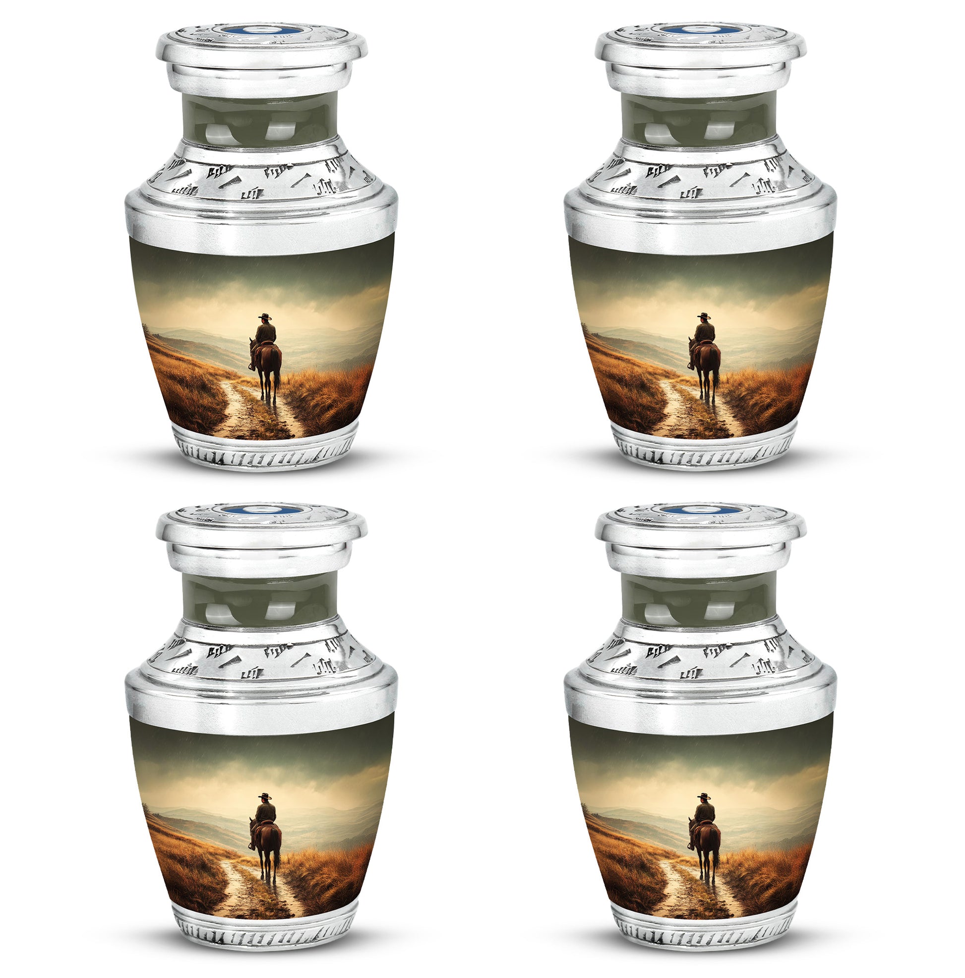 Honey Yellow Cowboy Cremation Urn back view with polished surface - stylized abstract cowboy pattern with bold lines - 10 inch aluminum urn for cremated remains