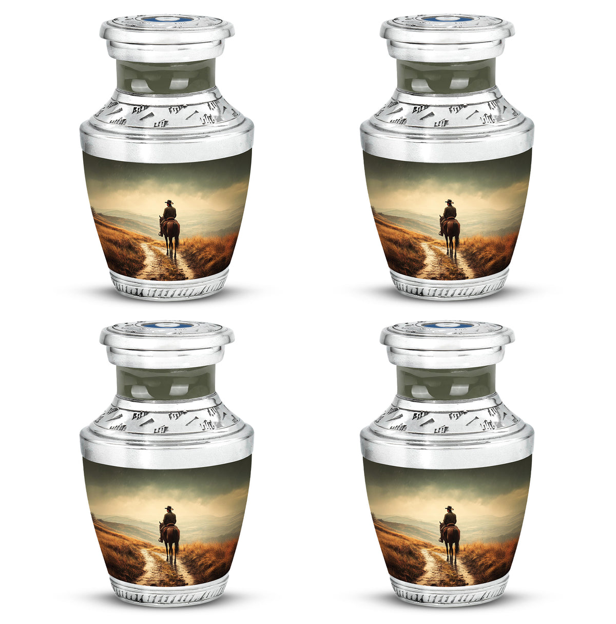 Honey Yellow Cowboy Cremation Urn back view with polished surface - stylized abstract cowboy pattern with bold lines - 10 inch aluminum urn for cremated remains