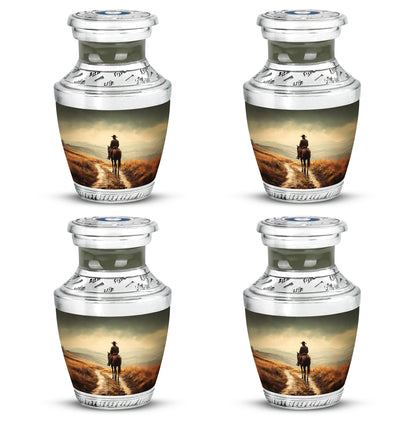 Honey Yellow Cowboy Cremation Urn back view with polished surface - stylized abstract cowboy pattern with bold lines - 10 inch aluminum urn for cremated remains
