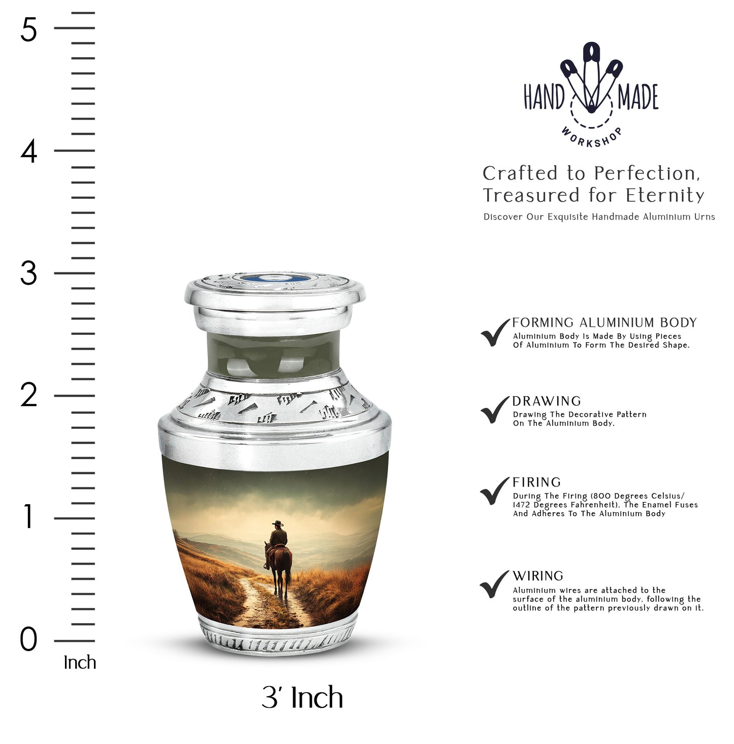 Harvest Yellow Cowboy Cremation Urn top-down view of secure threaded lid - modern art-inspired cowboy motif on sleek aluminum - mini keepsake memorial for portion of cremation ashes