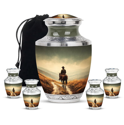 Harvest Yellow Cowboy Cremation Urn lifestyle display on memorial shelf - contemporary cowboy design with modern artistic flair - memorial set with one large and four small urns