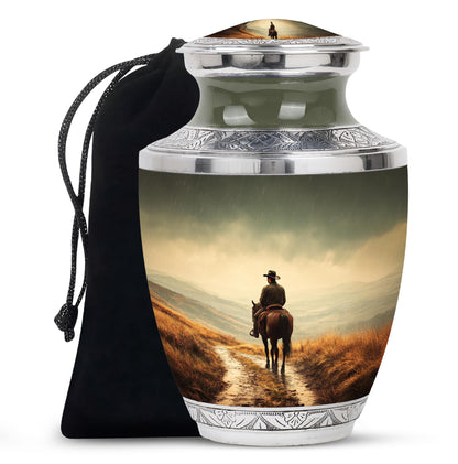 Soft Yellow Cowboy Cremation Urn side profile showing urn shape - artistic cowboy interpretation with creative detail - full-size 10 inch 200 cubic inch adult cremation urn