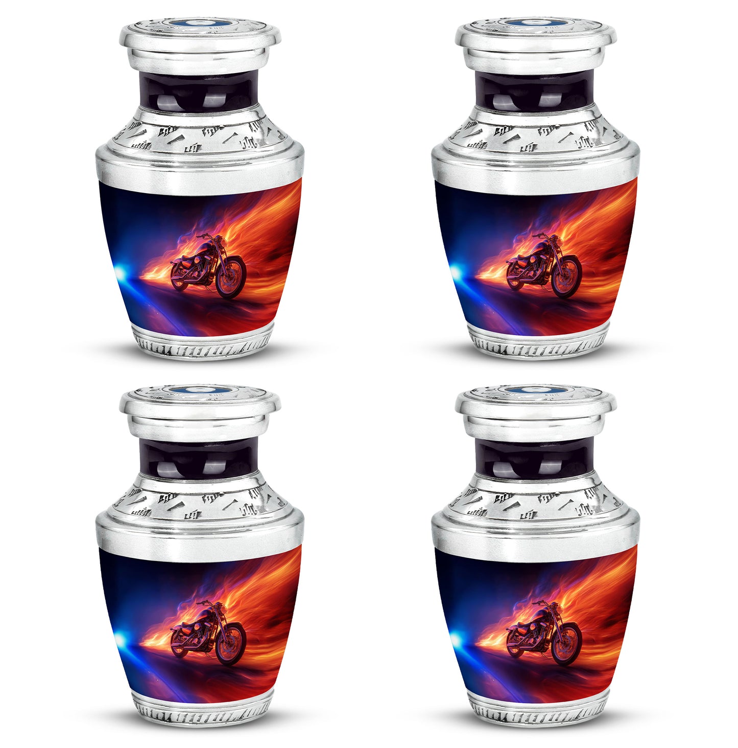 Azure Bike Cremation Urn back view with polished surface - modern art-inspired bike motif on sleek aluminum - 10 inch aluminum urn for cremated remains