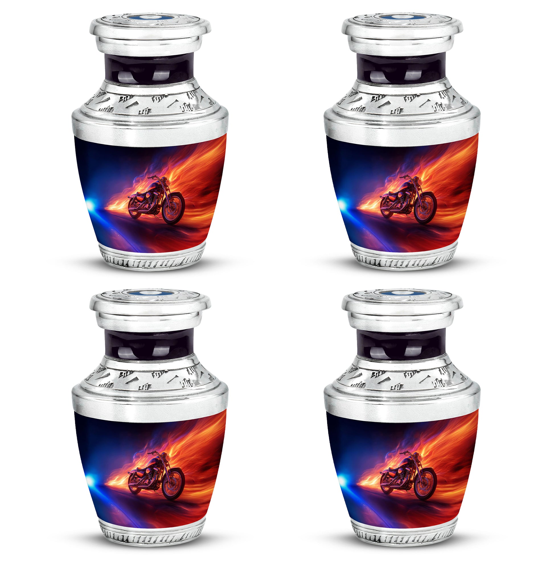 Azure Bike Cremation Urn back view with polished surface - modern art-inspired bike motif on sleek aluminum - 10 inch aluminum urn for cremated remains