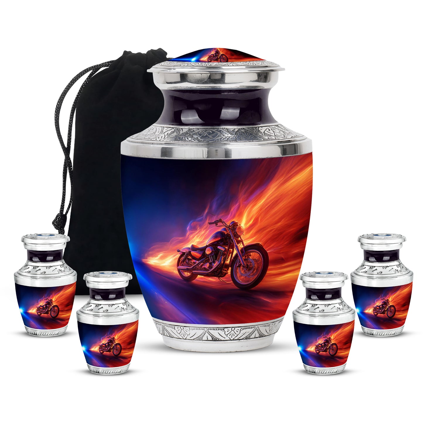 Royal Blue Bike Cremation Urn lifestyle display on memorial shelf - artistic bike interpretation with creative detail - memorial set with one large and four small urns