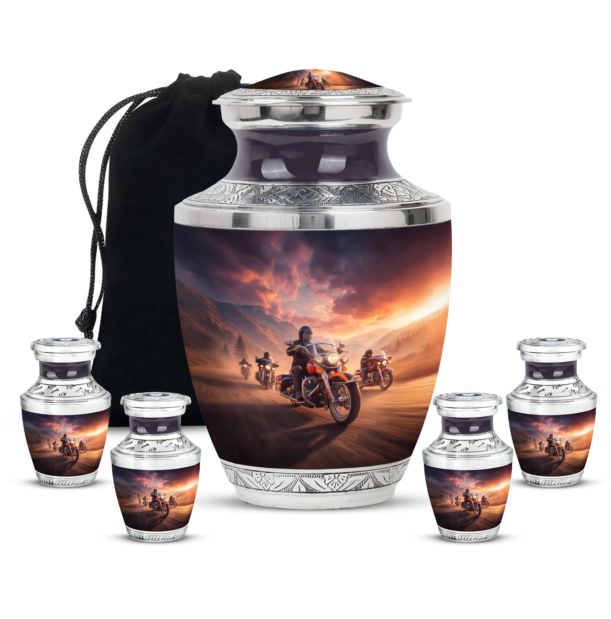 Petal Pink Bike Cremation Urn lifestyle display on memorial shelf - artistic bike interpretation with creative detail - memorial set with one large and four small urns