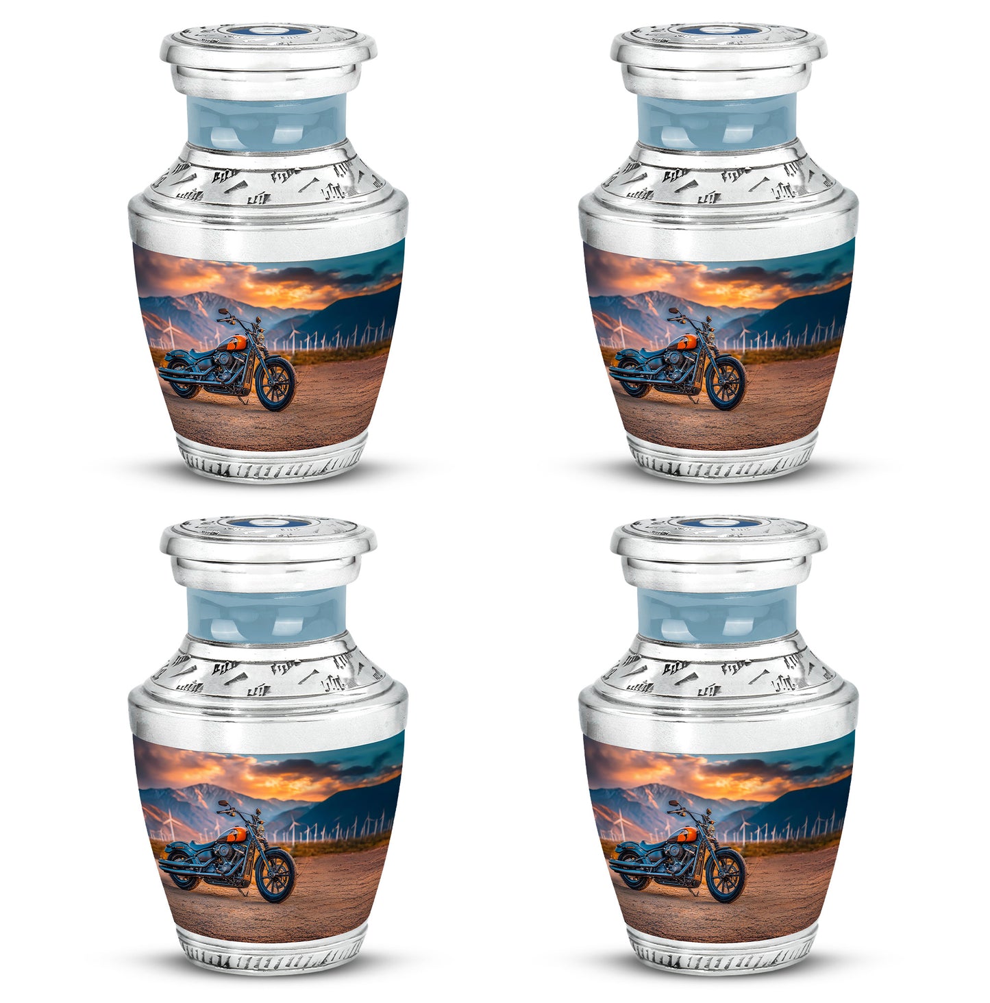 Deep Teal Bike Cremation Urn back view with polished surface - artistic bike interpretation with creative detail - 10 inch aluminum urn for cremated remains