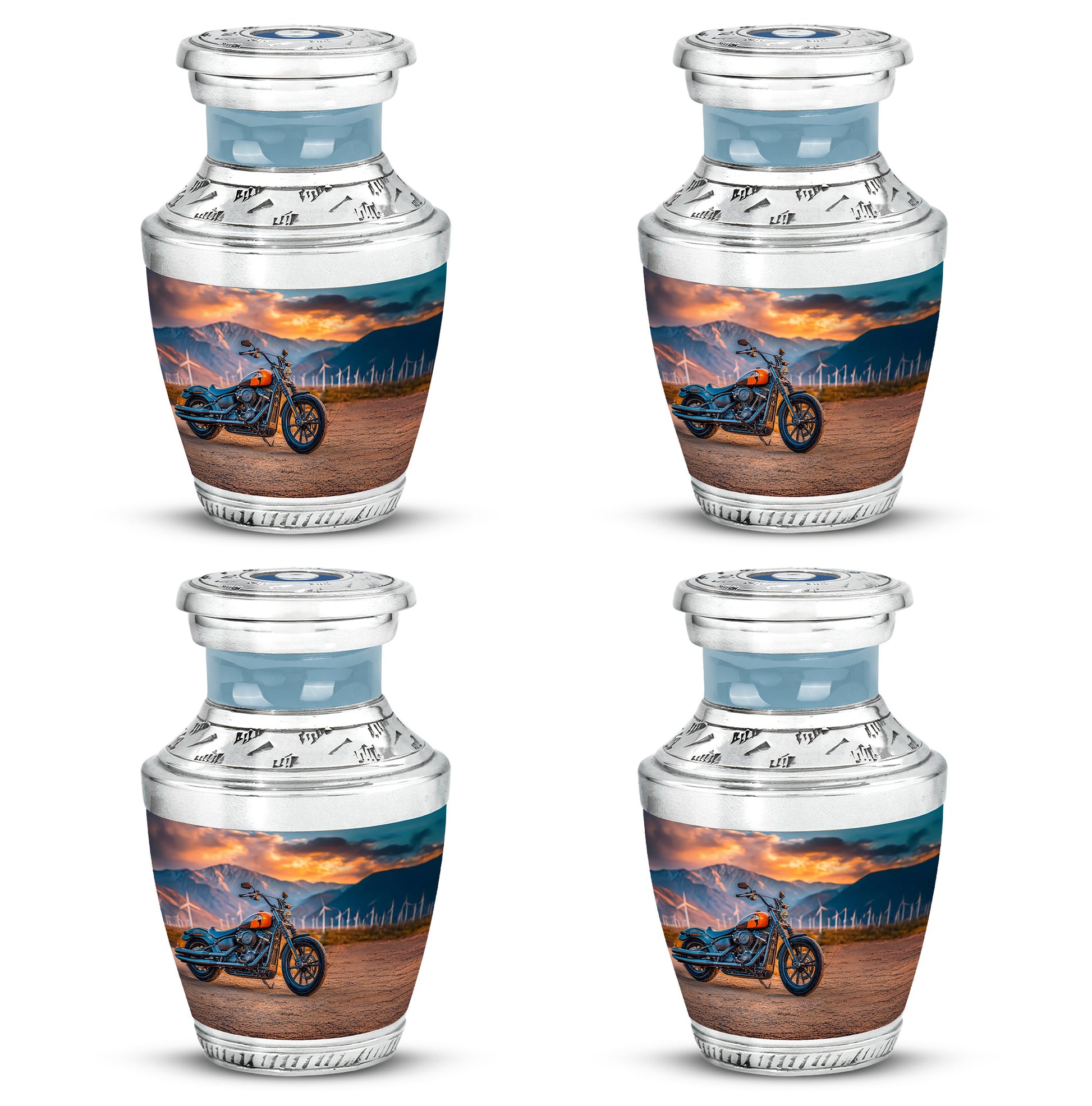 Deep Teal Bike Cremation Urn back view with polished surface - artistic bike interpretation with creative detail - 10 inch aluminum urn for cremated remains
