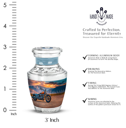 Ocean Teal Bike Cremation Urn top-down view of secure threaded lid - contemporary bike design with modern artistic flair - mini keepsake memorial for portion of cremation ashes