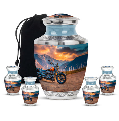 Soft Teal Bike Cremation Urn lifestyle display on memorial shelf - contemporary bike design with modern artistic flair - memorial set with one large and four small urns