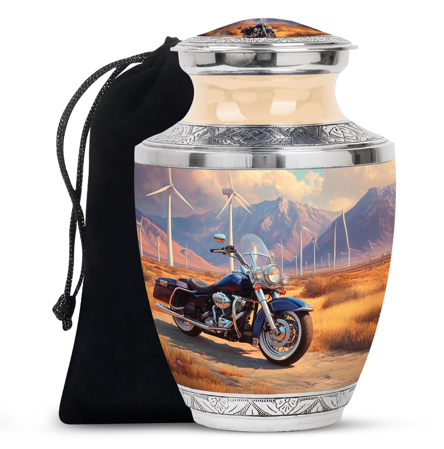 Antique Gold Bike Cremation Urn side profile showing urn shape - contemporary bike design with modern artistic flair - full-size 10 inch 200 cubic inch adult cremation urn