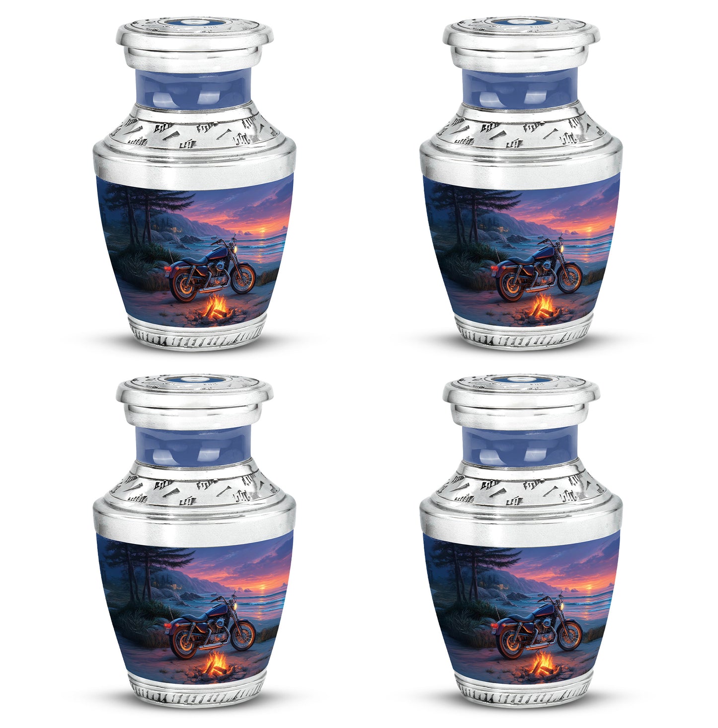 Twilight Blue Bike Cremation Urn back view with polished surface - artistic bike interpretation with creative detail - 10 inch aluminum urn for cremated remains
