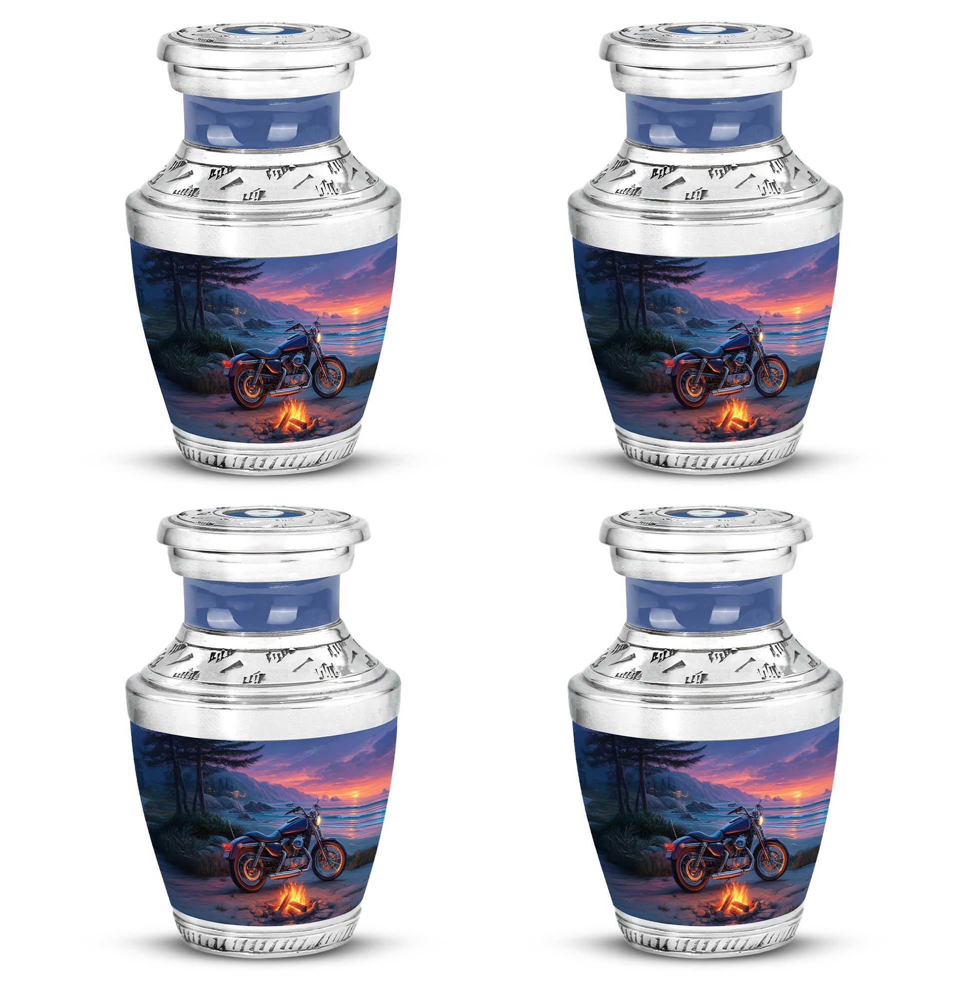 Twilight Blue Bike Cremation Urn back view with polished surface - artistic bike interpretation with creative detail - 10 inch aluminum urn for cremated remains
