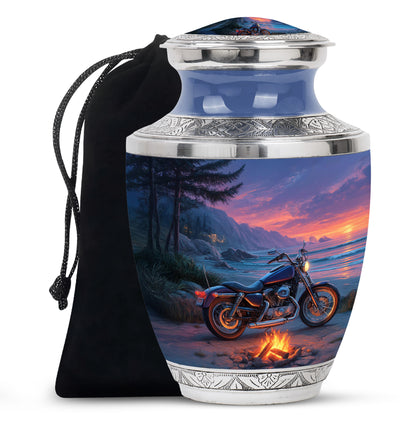 Pastel Blue Bike Cremation Urn side profile showing urn shape - modern art-inspired bike motif on sleek aluminum - full-size 10 inch 200 cubic inch adult cremation urn