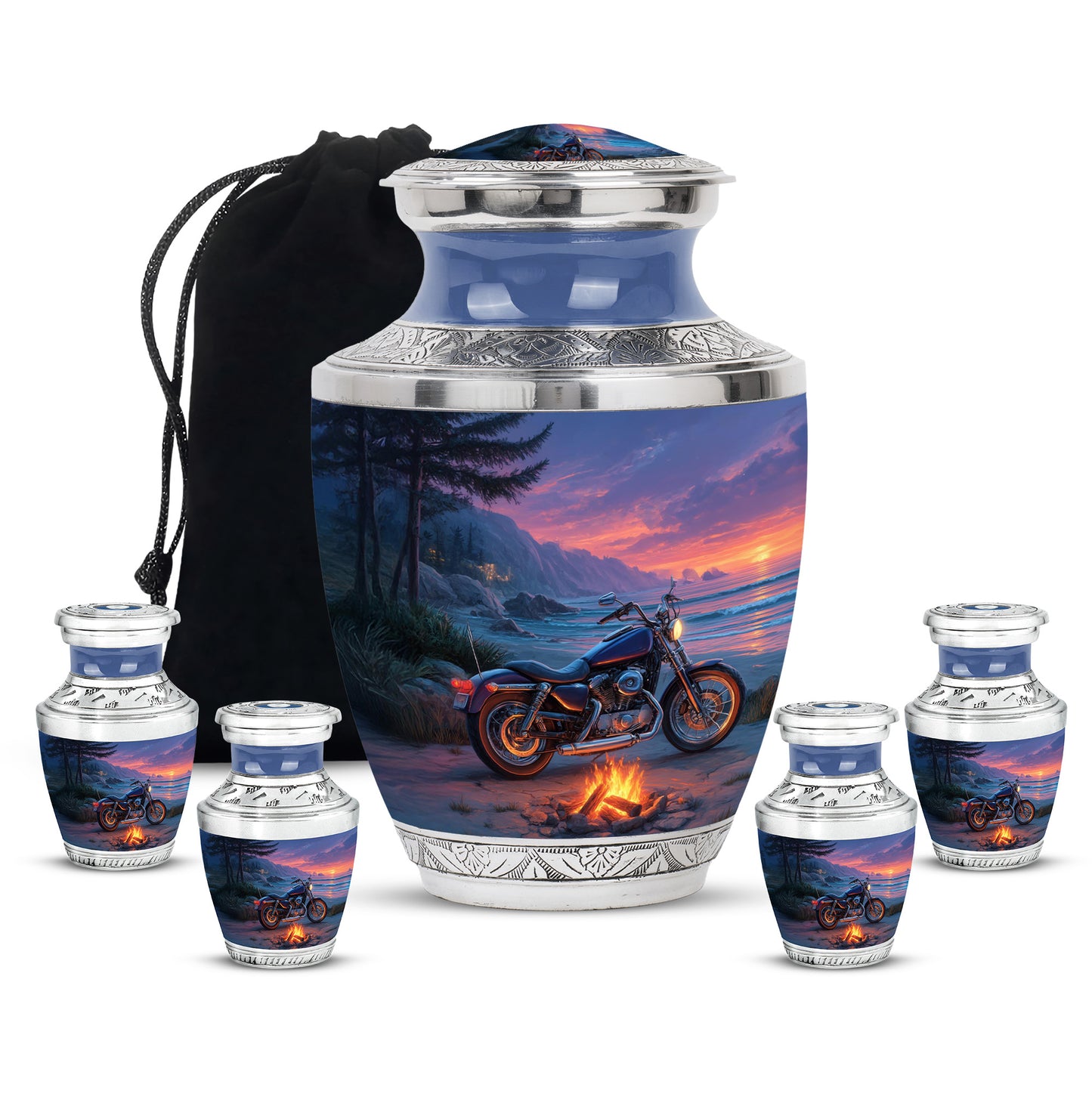 Soft Blue Bike Cremation Urn lifestyle display on memorial shelf - stylized abstract bike pattern with bold lines - memorial set with one large and four small urns