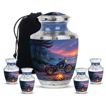 Soft Blue Bike Cremation Urn lifestyle display on memorial shelf - stylized abstract bike pattern with bold lines - memorial set with one large and four small urns