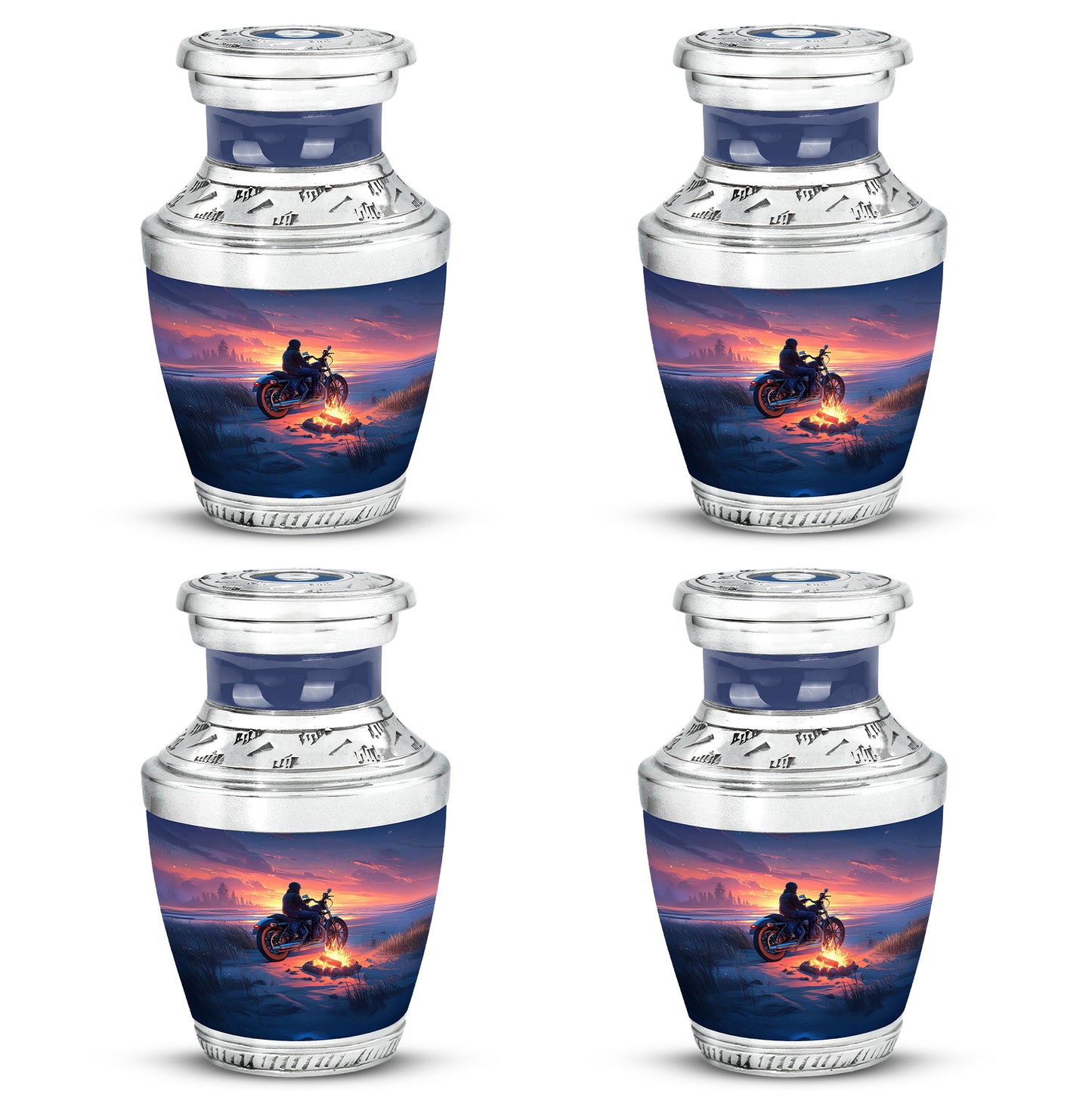 Soft Blue Bike Cremation Urn back view with polished surface - stylized abstract bike pattern with bold lines - 10 inch aluminum urn for cremated remains