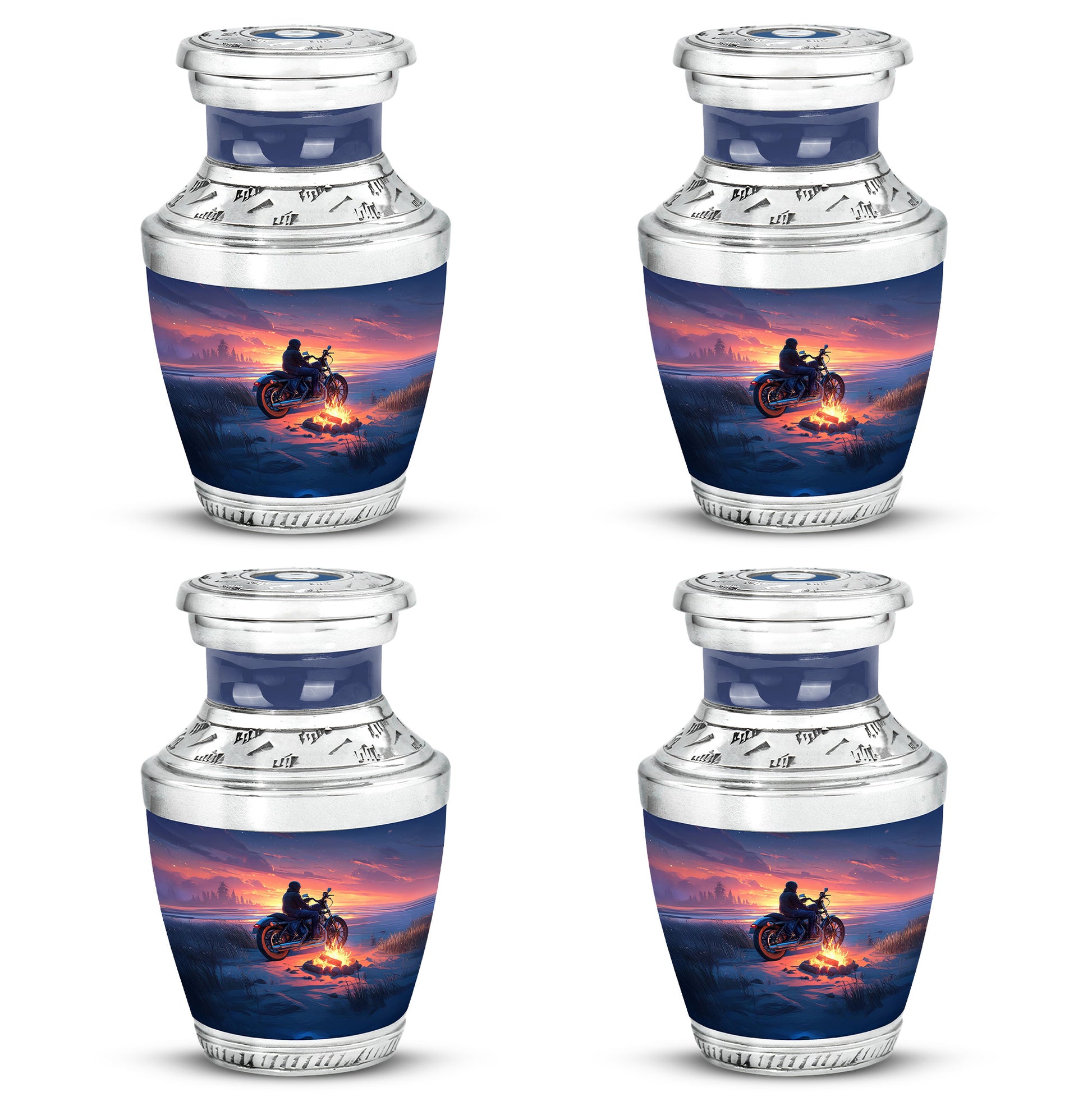 Soft Blue Bike Cremation Urn back view with polished surface - stylized abstract bike pattern with bold lines - 10 inch aluminum urn for cremated remains