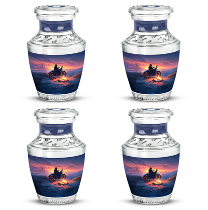 Soft Blue Bike Cremation Urn back view with polished surface - stylized abstract bike pattern with bold lines - 10 inch aluminum urn for cremated remains