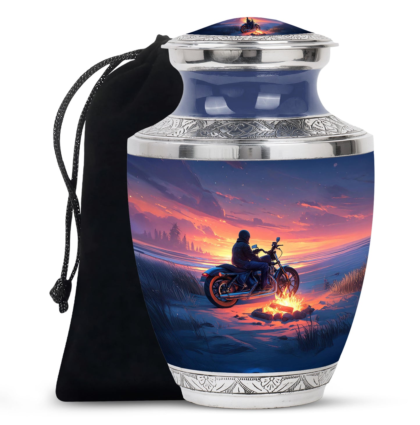 Navy Blue Bike Cremation Urn side profile showing urn shape - modern art-inspired bike motif on sleek aluminum - full-size 10 inch 200 cubic inch adult cremation urn