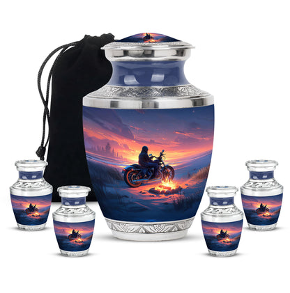 Azure Bike Cremation Urn lifestyle display on memorial shelf - contemporary bike design with modern artistic flair - memorial set with one large and four small urns