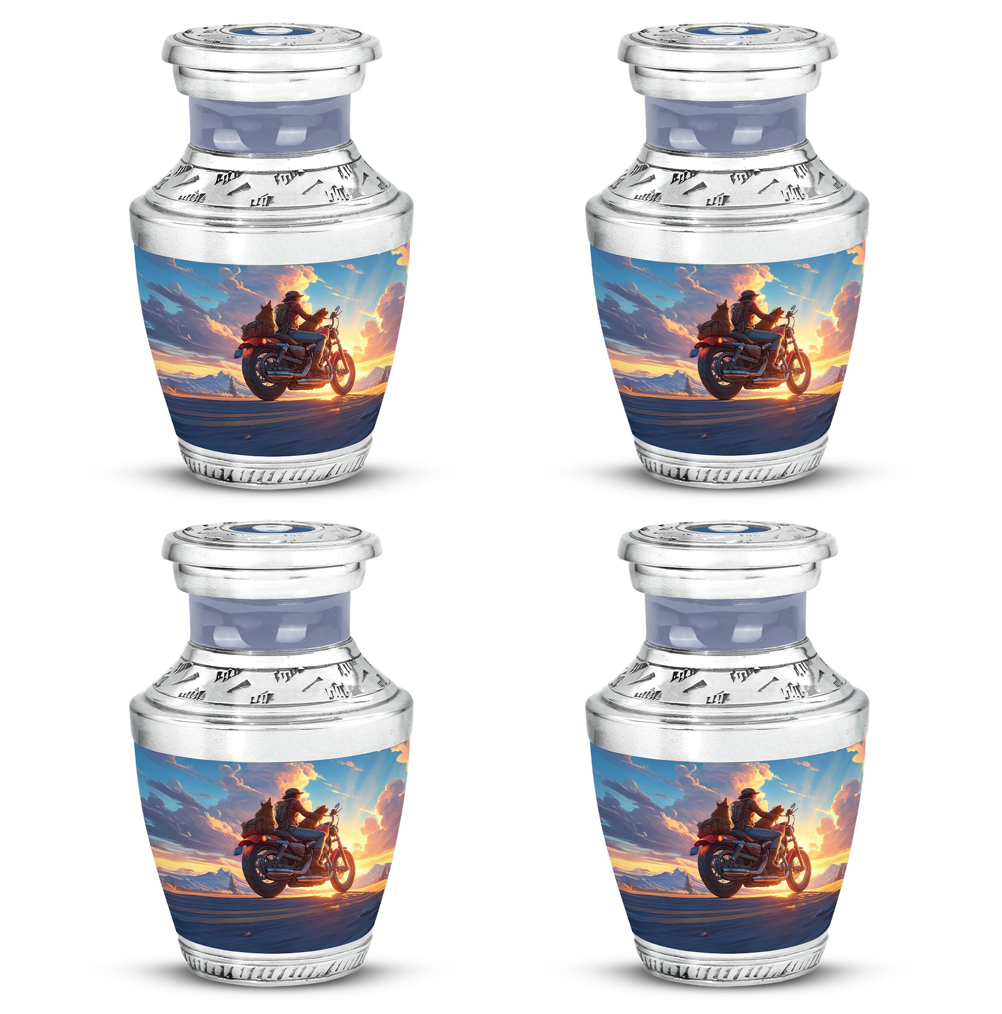 Powder Blue Bike Cremation Urn back view with polished surface - contemporary bike design with modern artistic flair - 10 inch aluminum urn for cremated remains