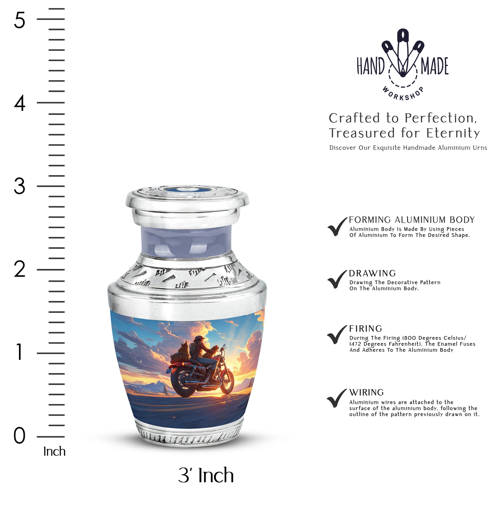 Dusty Blue Bike Cremation Urn top-down view of secure threaded lid - contemporary bike design with modern artistic flair - mini keepsake memorial for portion of cremation ashes