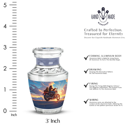 Dusty Blue Bike Cremation Urn top-down view of secure threaded lid - contemporary bike design with modern artistic flair - mini keepsake memorial for portion of cremation ashes