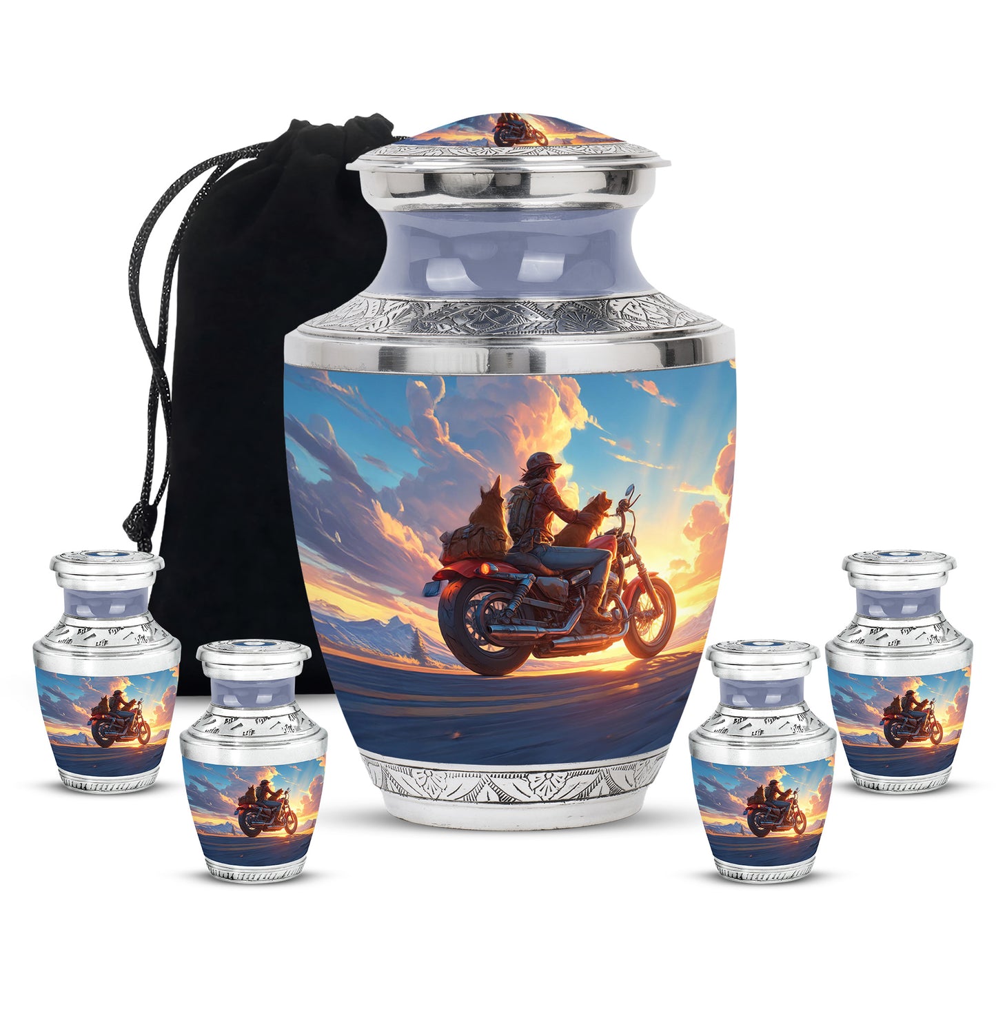 Twilight Blue Bike Cremation Urn lifestyle display on memorial shelf - artistic bike interpretation with creative detail - memorial set with one large and four small urns