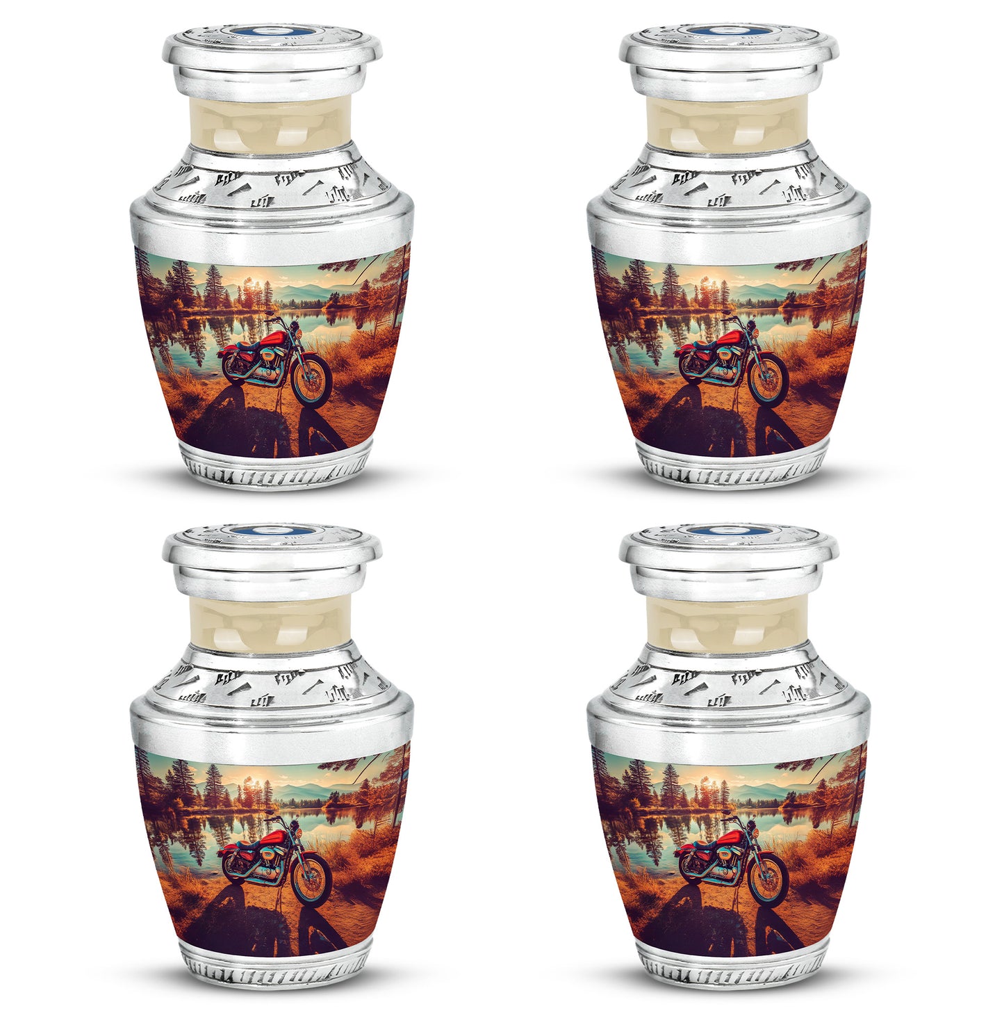 Warm Gold Bike Cremation Urn back view with polished surface - stylized abstract bike pattern with bold lines - 10 inch aluminum urn for cremated remains