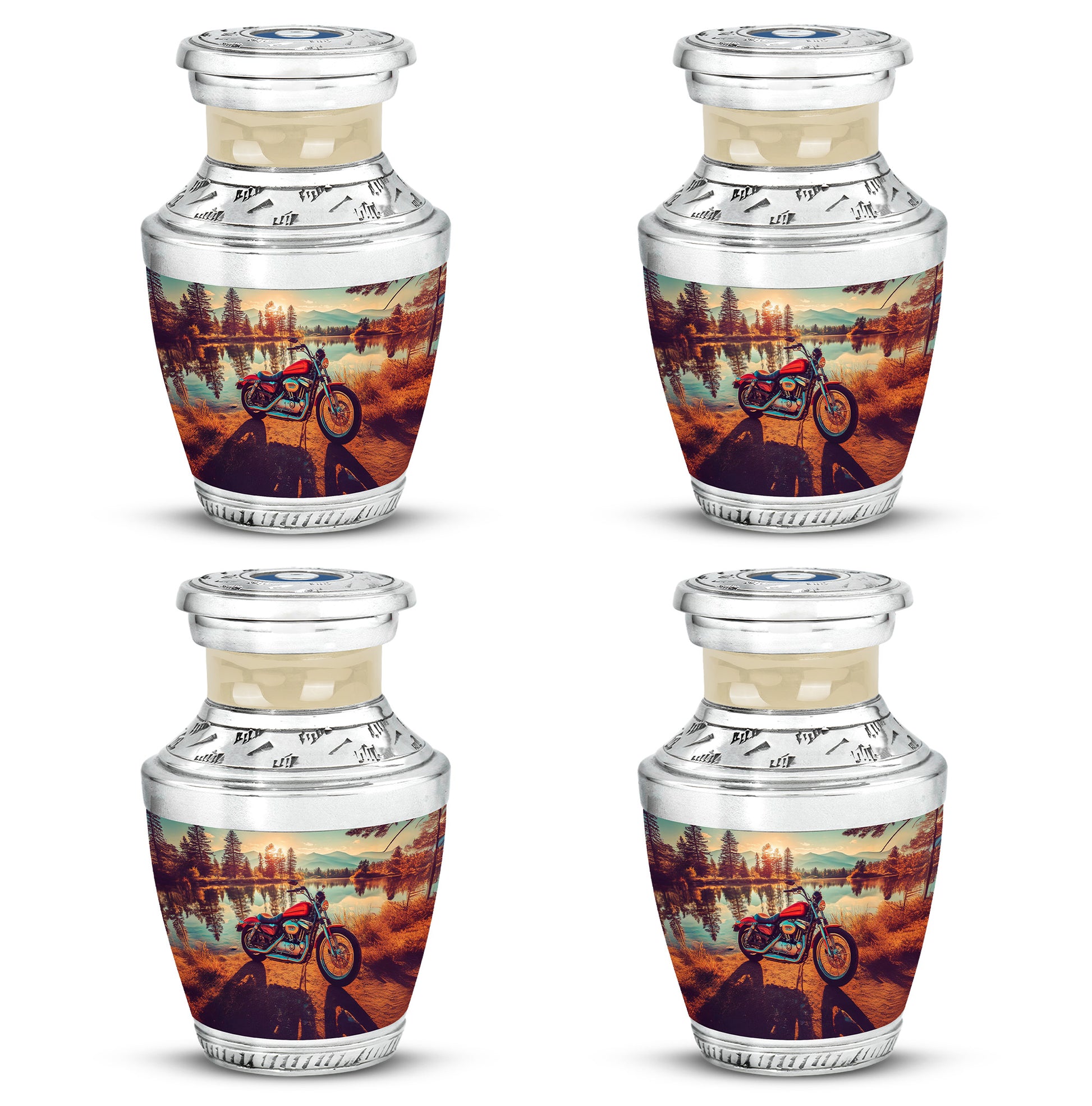 Warm Gold Bike Cremation Urn back view with polished surface - stylized abstract bike pattern with bold lines - 10 inch aluminum urn for cremated remains