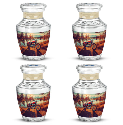 Warm Gold Bike Cremation Urn back view with polished surface - stylized abstract bike pattern with bold lines - 10 inch aluminum urn for cremated remains
