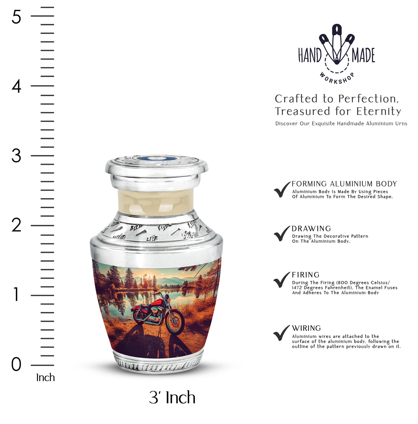 Matte Gold Bike Cremation Urn top-down view of secure threaded lid - artistic bike interpretation with creative detail - mini keepsake memorial for portion of cremation ashes