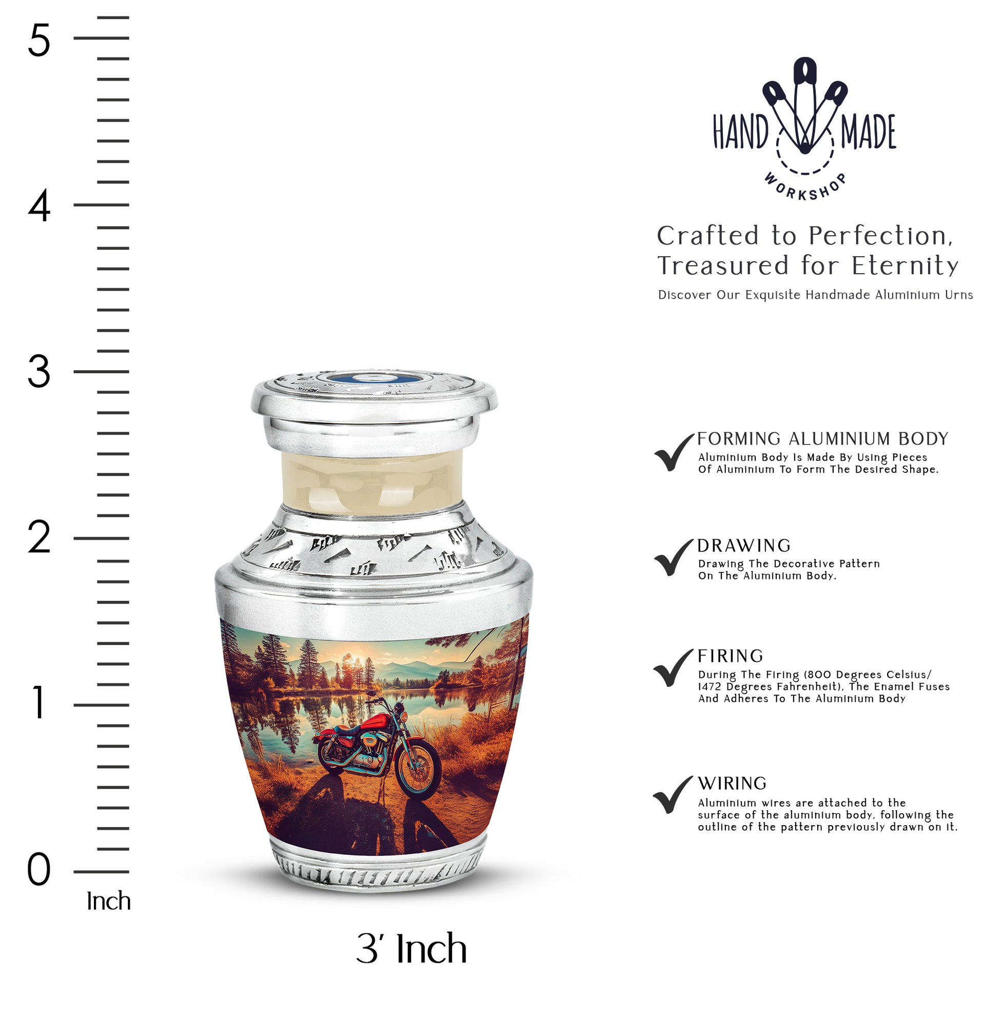 Matte Gold Bike Cremation Urn top-down view of secure threaded lid - artistic bike interpretation with creative detail - mini keepsake memorial for portion of cremation ashes