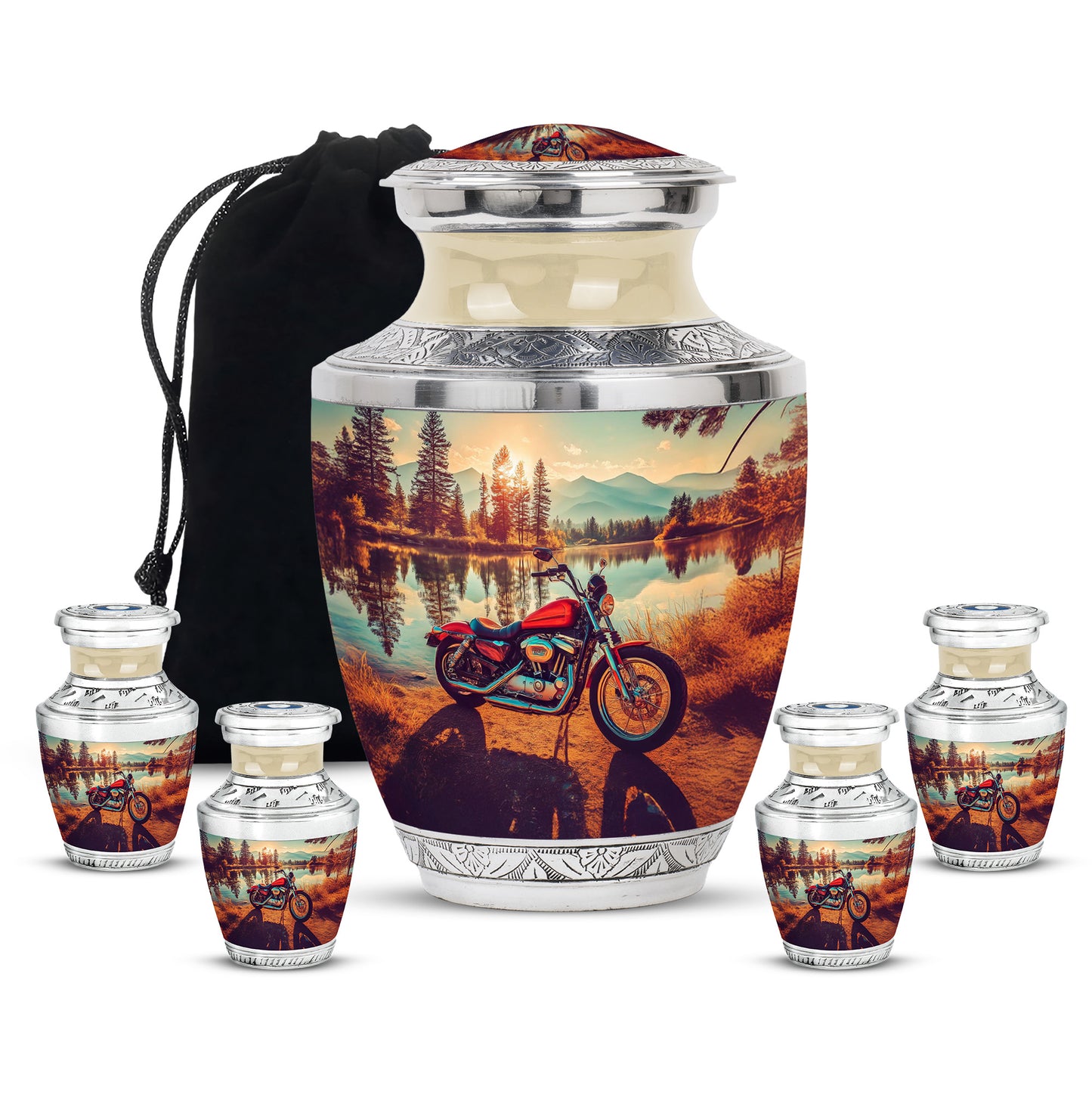 Sunrise Gold Bike Cremation Urn lifestyle display on memorial shelf - modern art-inspired bike motif on sleek aluminum - memorial set with one large and four small urns