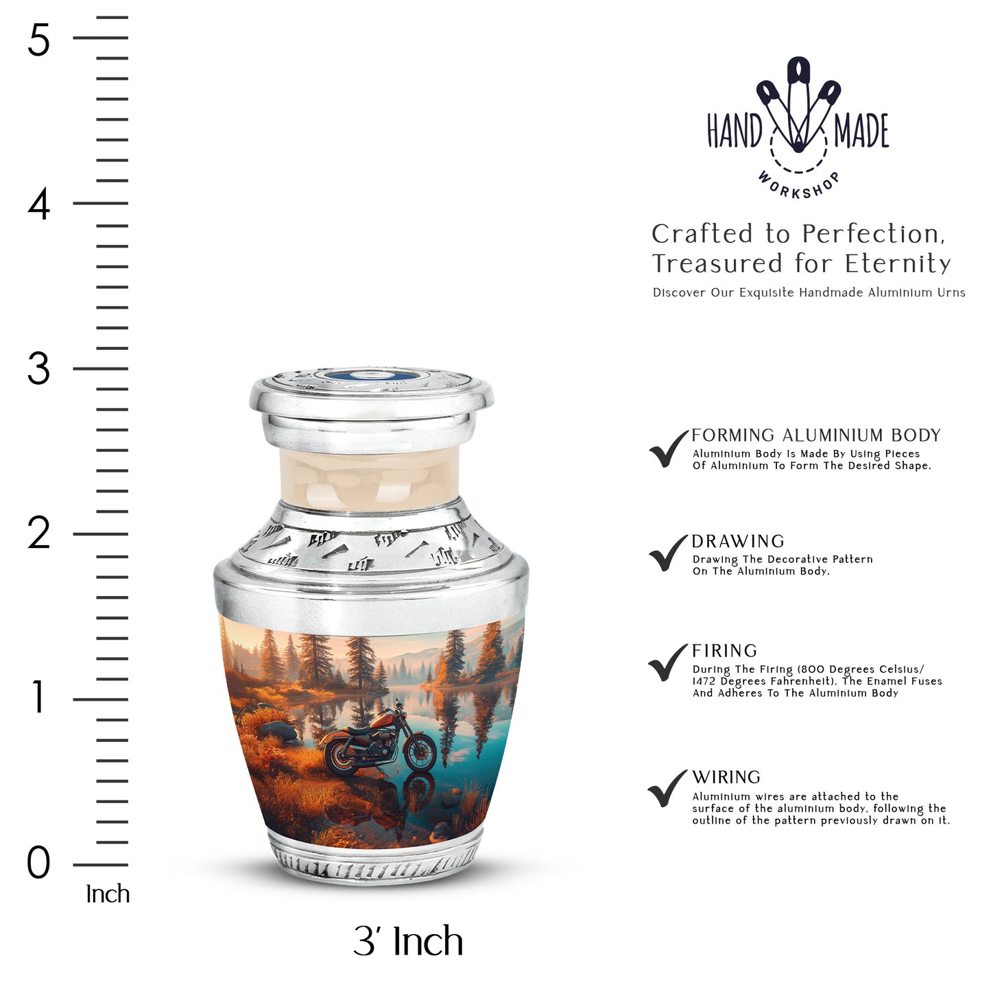 Royal Gold Bike Cremation Urn top-down view of secure threaded lid - artistic bike interpretation with creative detail - mini keepsake memorial for portion of cremation ashes
