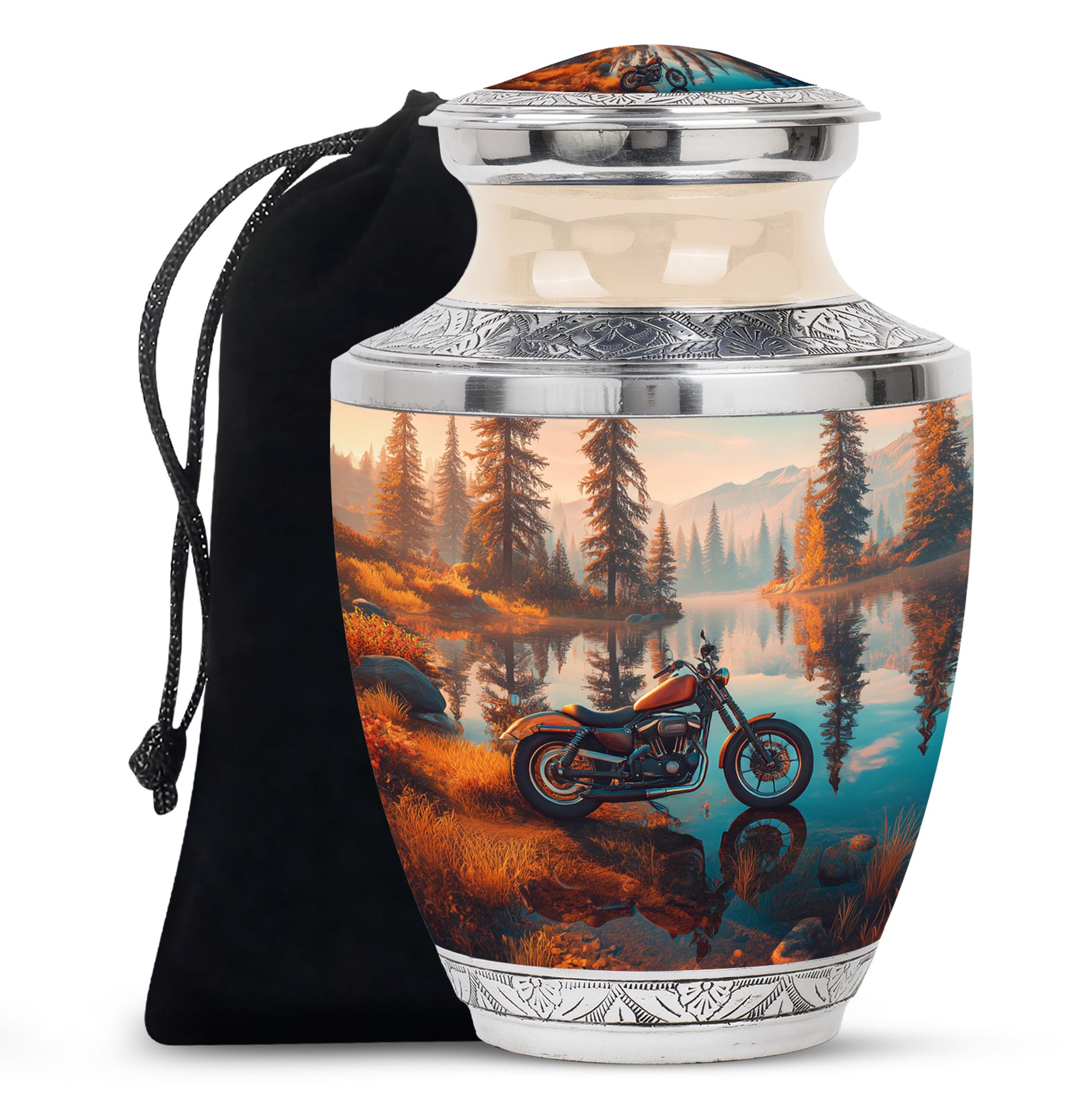 Gilded Gold Bike Cremation Urn side profile showing urn shape - contemporary bike design with modern artistic flair - full-size 10 inch 200 cubic inch adult cremation urn